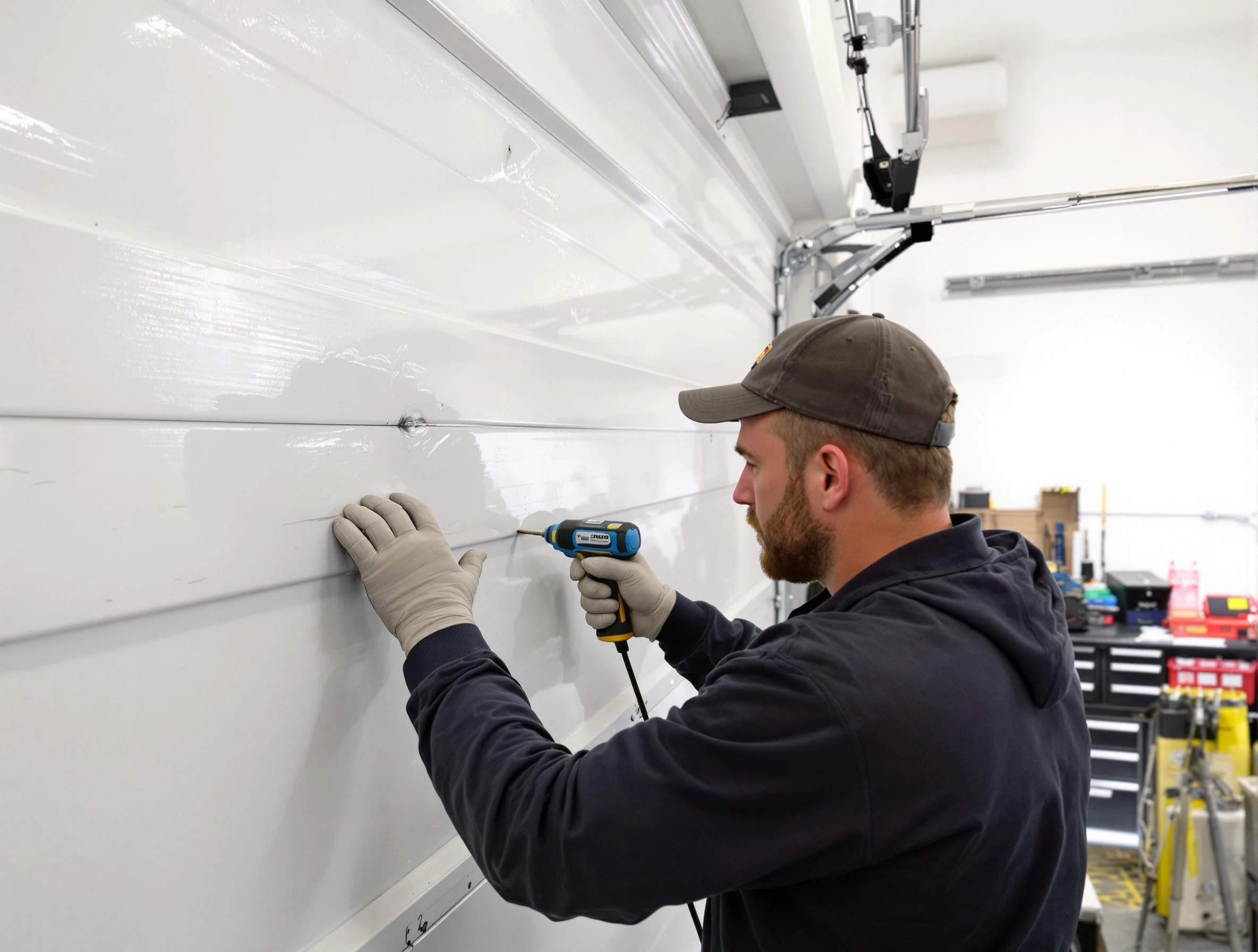 Bessemer Garage Door Repair technician demonstrating precision dent removal techniques on a Bessemer garage door